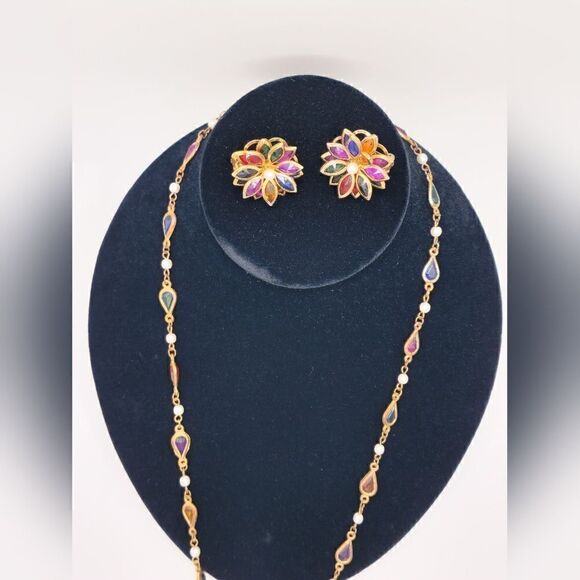 Vintage Gold Bezel set Gold crystal Demi Parure earrings necklace Set - Picture 7 of 15